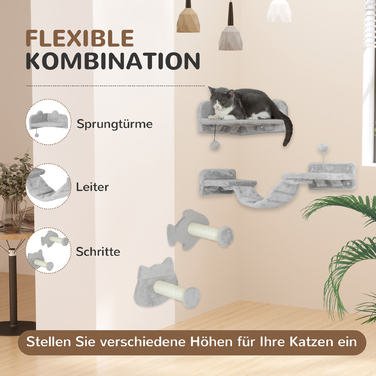 PawHut Cat Climbing Wall Set, 4-Piece Cat Furniture with Steps, Ladder, Jumping Towers, Scratching Posts, Play Ball, Sisal, for Cats up to 5 kg, Light Gray | Aosom