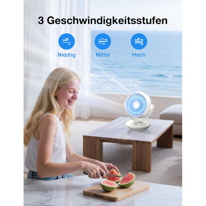 Вентилятор Acoolir тихий 24dB з двома осями обертання, 3 швидкості, компактний для спальні, офісу, вітальні, білий-сірий