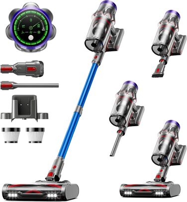 Бездротовий акумуляторний пилосос 48000Pa/580W/65Min, об'єм 1,8L з функцією від'єднання пилу, антизаплутана щітка, 8-ступенева фільтрація. Підходить для килимів, шерсті тварин та твердих поверхонь. Колір: блакитний