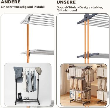 Сушарка для білизни Tower на коліщатках: 4-ярусна, з нержавіючої сталі, з 6 відкидними крилами та 2 боковими сторонами для обертання | 76x50x172 см | Компактна, складна, для балкону, ванної кімнати та саду | (Сірий)