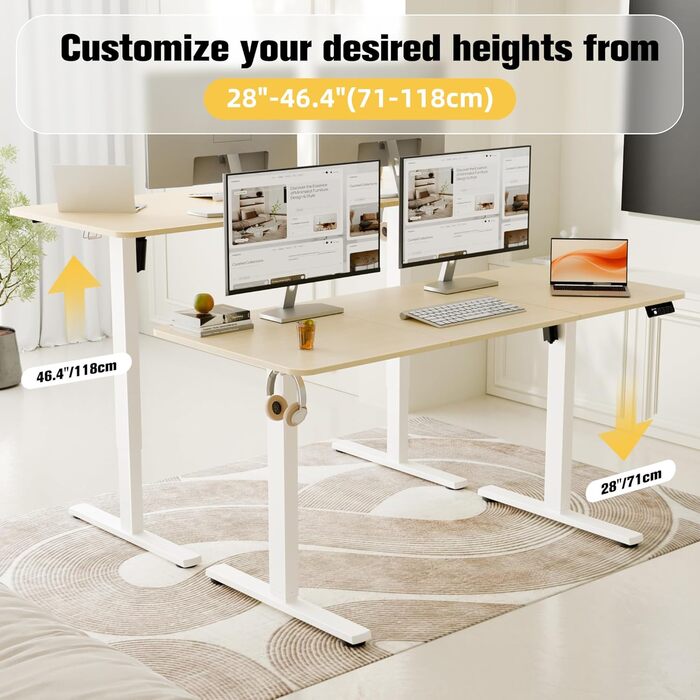 Ergonomaker Electric Height Adjustable Desk - Small Standing Desk with 2-Section Tabletop - Home Office Desk (White Frame + Oak Tabletop) - 140 x 60 cm