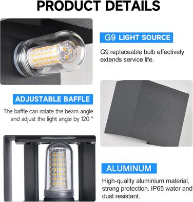 LED-водостійка настінна лампа FUPE 15W для внутрішнього та зовнішнього використання. Регульований кут світла, 3 кольори, IP65, алюміній, квадратна, чорна. Комплект 1