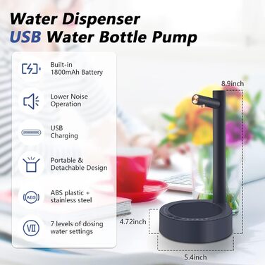 Автоматичний електричний диспенсер для води з USB, 7 рівнів дозування, портативна помпа для пляшок для дому та кемпінгу, синій