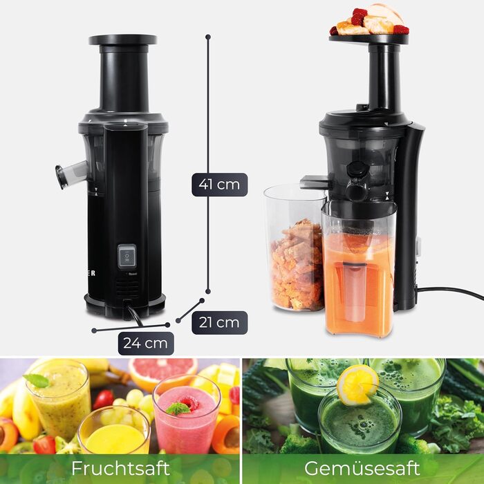 KLAMER Slow Juicer Vegetables and Fruit, Juicer with Reverse Function, Electric Fruit Press with Brush and 2 Containers, Sleek Design, Black