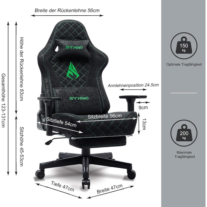 Ігровий крісло Symino, ергономічний офісний крісло, дизайн у стилі гоночного авто, чорний, з підніжкою
