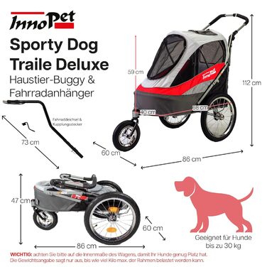 Innopet Sporty Dog Trailer Deluxe: Причіп для собак, велосипедний, червоно-білий - до 30 кг, з дощем.