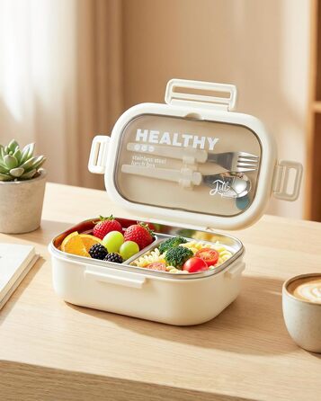 Ланчбокс Lille Home з нержавіючої сталі з 2 відділеннями, 850 мл, витокозахисний, з сумкою та столовим прибором, BPA-free (Бежевий)