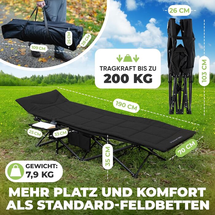 NORDICTRAILS Кемпінгове ліжко NORDICTRAILS - XXL розкішне ліжко для кемпінгу | Складне, легке та широке для відпочинку на природі | Гостьове ліжко, лежак, складане ліжко, ліжко для риболовлі, карпове ліжко з надзвичайно м'яким матрацом з подушкою, чорне
