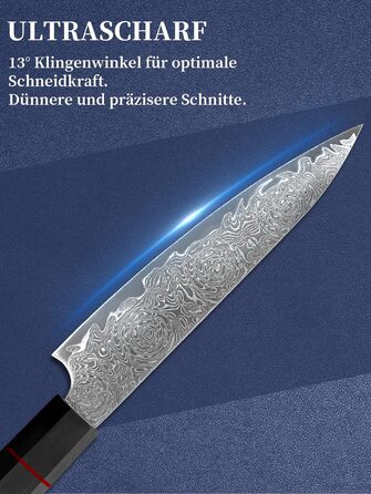 Японський ніж кухарський з дамаської сталі Plys: професійний ніж шеф-кухаря з чорним дерев'яним руків'ям, ніж для фруктів
