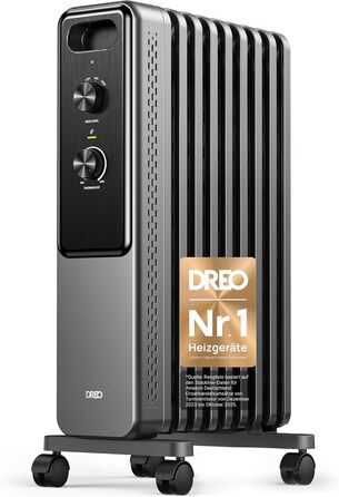 Електричний масляний радіатор Dreo з 9 ребрами, 2000W, тихий, з захистом від перегріву та перекидання, термостат, дитячий замок, енергозберігаючий