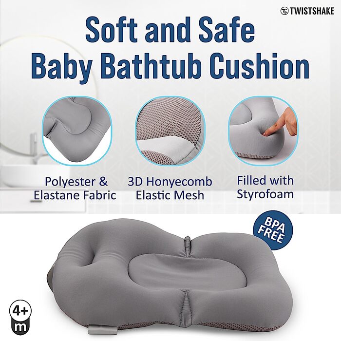 Twistshake Non-Slip Baby Bathtub Cushion for Newborns | Soft and Foldable Shower Cushions for Toddlers | Floating Air Cushion for Baby Bathing | 0 Months+ | Pastel Grey