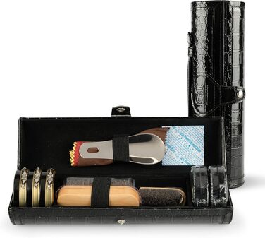Stone & Clark 12-Piece Leather Shoe Cream & Care Set with Brown Wax, Shoe Brushes for Polishing, Compact Shoe Shine Kit with Horsehair Brushes & PU (Structured Black Kit)