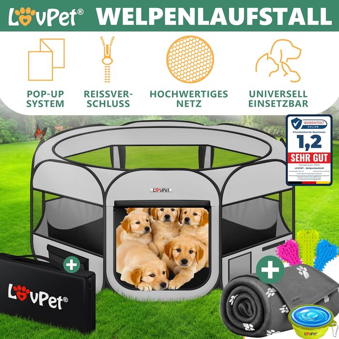 LOVPET® Pop-Up Dog Playpen with Bowl & Fleece Blanket - Portable Indoor/Outdoor Pet Pen for Small Dogs & Cats - Oxford Fabric