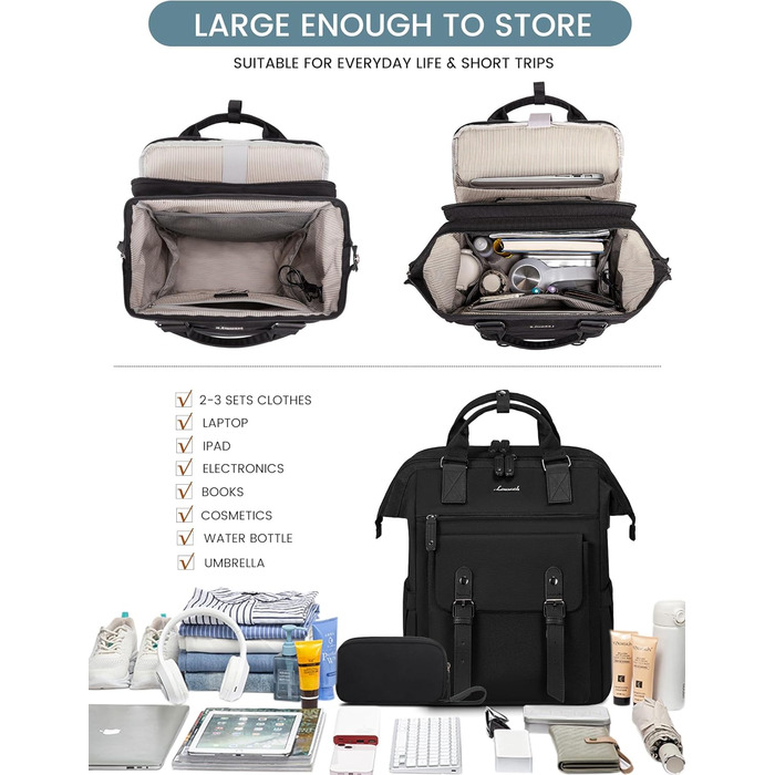 Жіночий рюкзак LOVEVOOK, великий, водонепроникний, для подорожей, з відділенням для ноутбука 15,6 дюймів, для школи, університету, бізнесу, чорний