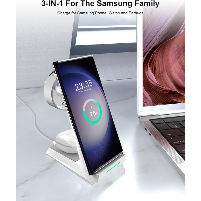 Бездротова зарядна станція NANAMI 3-в-1 для Samsung Galaxy Watch 7/6/5/4, Buds, S26/S25/S24/S22/Z Flip/Fold, Note 20 - Біла