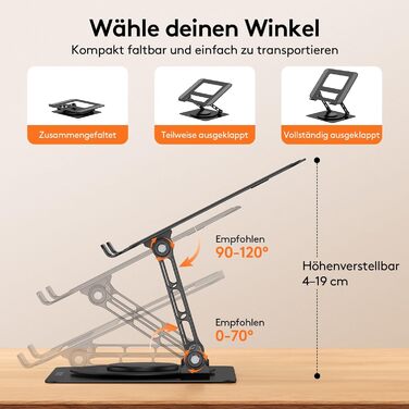 Підставка для ноутбука TECKNET 360° регульована по висоті, металева, ергономічна, для MacBook, Dell (до 17.3 дюймів), чорна