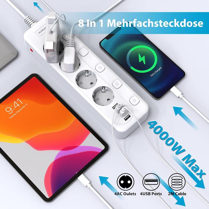 Мережевий фільтр перенапруги HUNIAN з 4 розетками та 4 USB, 4000W/16A, індивідуальне вмикання, захист від дітей, 2 м кабелю