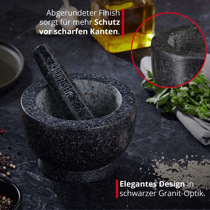 Гранітний ступка з толуштою Meisterkoch XXL для спецій, 3,5 кг, 15 см Ø, 450 мл, чорний колір