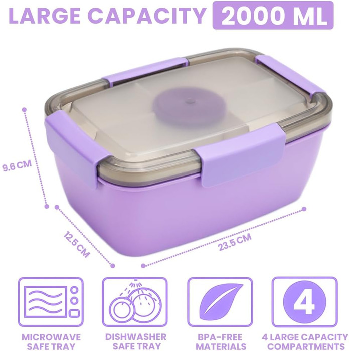 Ланчбокс Bugucat 2000 мл, непромокаючий, з відділеннями, для дітей та дорослих, салатовий контейнер, з виделкою, для школи, пікніка, чорний (2000 мл - фіолетовий)
