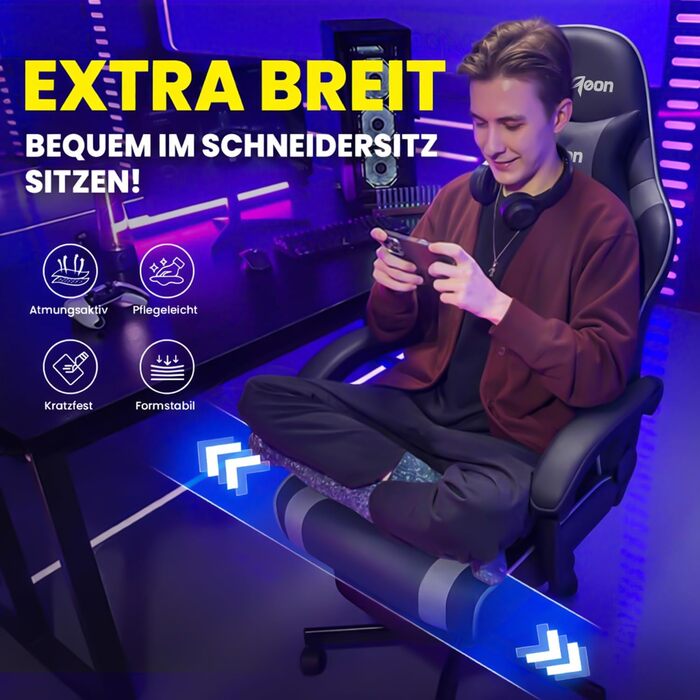 Геймерське крісло Gaming Stuhl з підставкою для ніг, регульованою спинкою та підтримкою попереку, до 200 кг (Сірий, великий розмір)