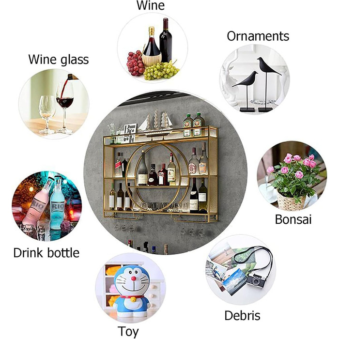 Стильна металева вітрина для вина на стіну, 3-ярусна, золото (140x15x80 см)