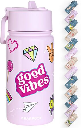 Дитяча термопляшка Bearfoot з нержавіючої сталі з трубочкою, 400 мл, без BPA, не протікає, для дівчаток та хлопчиків, ідеальна для школи та дитячого садка (фіолетовий колір, з наклейками)