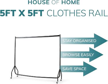 House of Home Robust Metal Clothes Rail with Wheels – 1-Tier Replacement for a Wardrobe with a Single Rail – Clothes Rack for Hanging – Storage