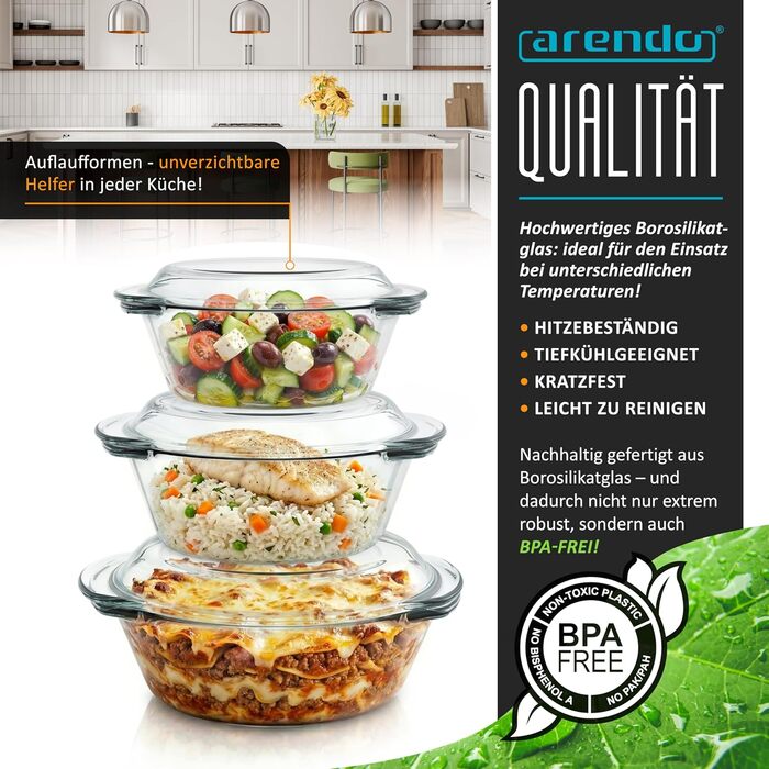 Набір форм для запікання Arendo з кришкою та ручками (3 шт.) – Borosilikatglas – 1000мл, 1500мл, 2000мл – для духовки, мікрохвильовки, BPA-free, скляні контейнери