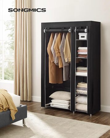 SONGMICS Fabric Wardrobe, XL, Clothes Closet, Folding Wardrobe, Camping Closet with Clothes Rail, 110 x 175 x 45 cm, Black, LSF007