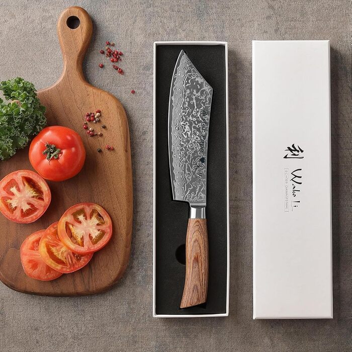 Ніж кухарський Wakoli EDIB Pro Damast BBQ & Blockmesser 20 см з лезом з 67 шарів дамаської сталі (VG10) з ергономічною ручкою для м'яса, грилю та смаження. У подарунковій коробці з можливістю гравіювання.