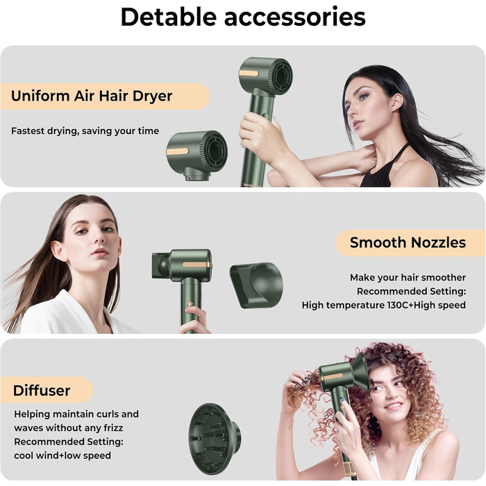 Airstyler Pro 7-в-1: Фен-щітка, плойка, випрямляч, стайлер для волосся Atopskins, 11000 обертів, з насадкою-дифузором, для створення об'єму, локонів та випрямлення, зелено-золотий