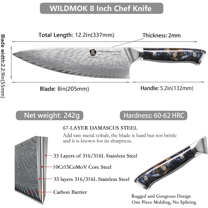 Японський ніж WILDMOK Santoku 20см з дамаської сталі, VG10, ручка з композитного матеріалу, ніж для кухні