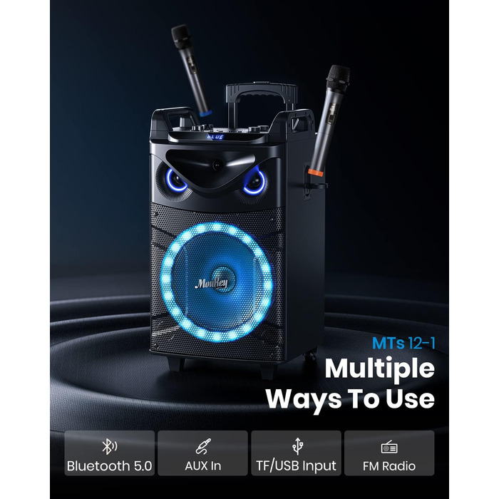 Moukey Karaoke Машина MK3021: Караоке система з вокером 26см, твітером 8см, 2 мікрофонами, Bluetooth, світло, AUX/USB/TF/FM