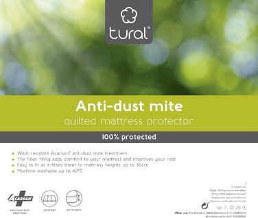 Tural - Quilted Anti-Mite Mattress Protector - Reversible, Padded Mattress Topper/Mite Cover Size 135x200cm