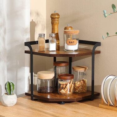 Corner shelf for kitchen with 2 tiers, spice rack wood, kitchen shelf, kitchen organizer, corner shelf for kitchen countertop, shelf for kitchen countertop, small shelf for kitchen, living room, office, 30 x 30 x 32cm