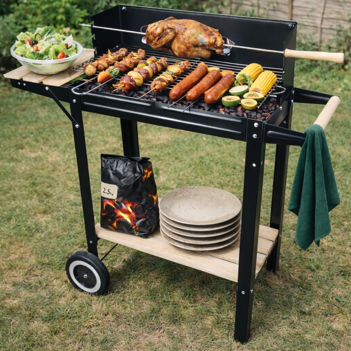Великий вугільний садовий гриль BBQ XL на колесах з регулюванням та рожном