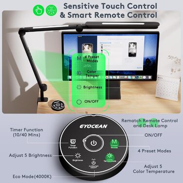 LED лампа EYOCEAN для робочого столу з регульованою яскравістю та двома джерелами світла, архітектурна лампа, 15W, захист очей