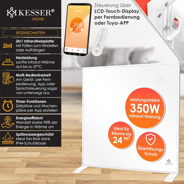 KESSER інфрачервоний обігрівач 350 Вт, електричний, настінний і підлоговий, з термостатом, дистанційним керуванням та керуванням через додаток, енергоощадний, білий