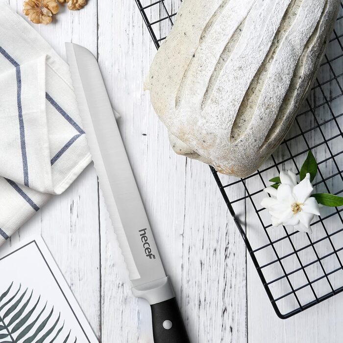 Набір ножів Hecef 14 предметів: професійний набір ножів з дерев'яним блоком, з нержавіючої сталі, з шліфувальником, ножицями та ножем для стейку (чорний)