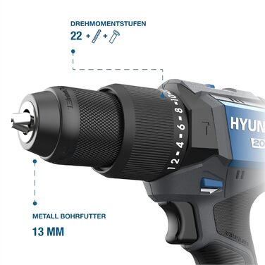 Акумуляторний ударний шурупокрут Hyundai HD20X-60-2A1 | 20V, безщітковий двигун, 60 Nm, патрон 13 мм, 2-швидкісне металеве редуктор, комплект: шурупокрут, акумулятор 2.0Ah, зарядний пристрій, кейс