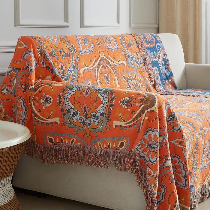 Богемна ковдра Boho Decke 100% бавовна – двостороння муслінова ковдра 150x200 см, м'яка софа/ковдра та покривало для ліжка, естетичний дизайн, ідеально для вітальні та спальні, помаранчево/блакитний колір, зірковий сон 150 x 200 см