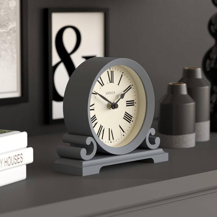 JONES CLOCKS® Saloon Table Clock | Traditional Double-Scroll Design |  | Roman Numerals | Classic style for desk, table, shelf or bedside table. (French Navy)