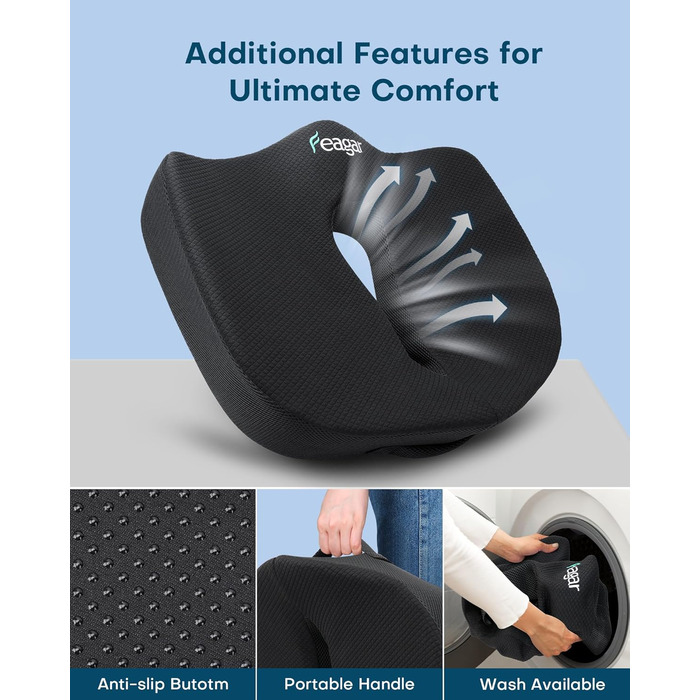 Ортопедична подушка для сидіння Feagar з Memory Foam, ергономічна подушка для офісного крісла, інвалідного візка, автокрісла, для хребта, чорна (чорний, XL (90-150 кг))