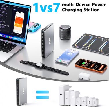 Зарядний пристрій USB-C 455W, 7 портів, GaN PD PPS, для MacBook, Dell, iPhone, Samsung, ноутбуків, планшетів, телефонів – Сірий