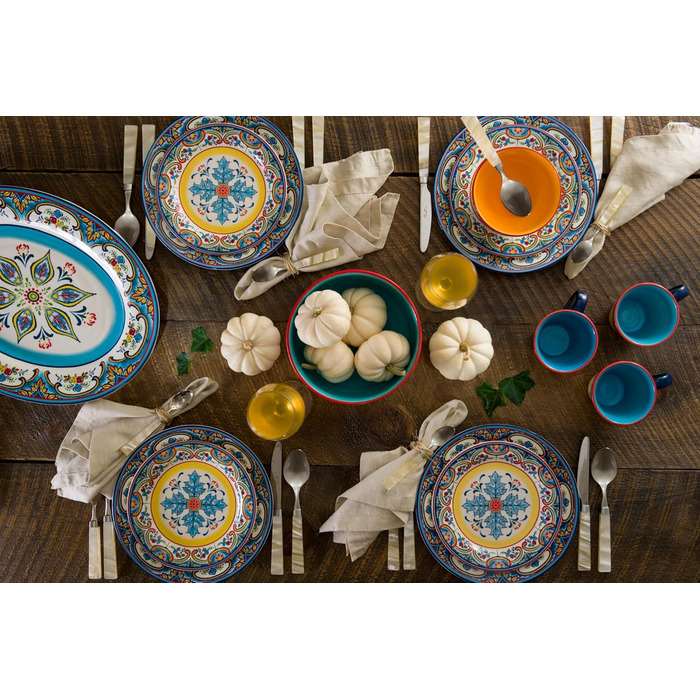 Набір посуду Euro Ceramica Zanzibar Collection, 16 предметів, для кухні та їдальні, на 4 особи, з іспанським квітковим візерунком, блакитно-жовтий посудовий набір