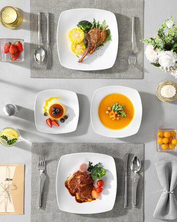 MALACASA Серія Julia, Набір посуду Teller Set 12 осіб, Сучасний KLEIN, 36-ти частинний сервіз з порцеляни, 12 тарілок для їжі, 12 десертних тарілок, 12 супових тарілок сіро-білий, 36 частин