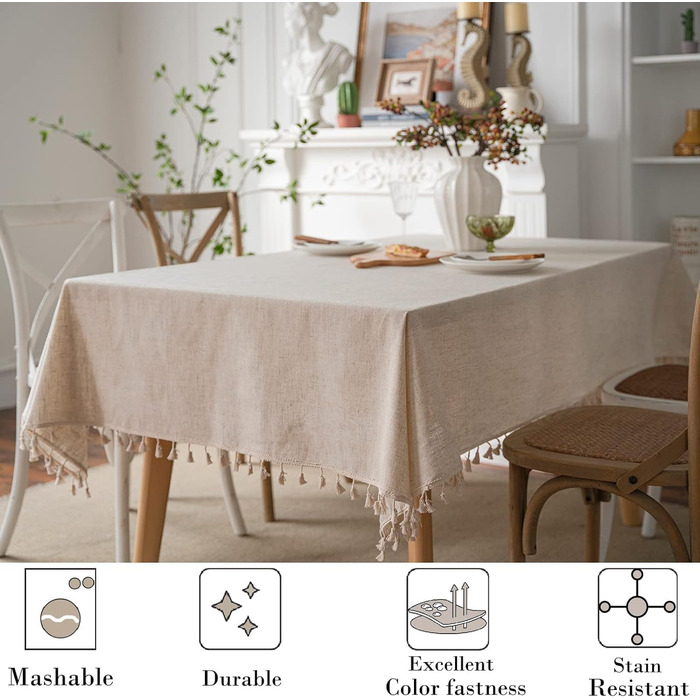 JaeMoose Tablecloth Washable Linen Cotton Rectangular Table Cover Washable Placemat for Home Kitchen Dining Table Tablecloths Decoration Party (Linen, 140 x 220 cm)