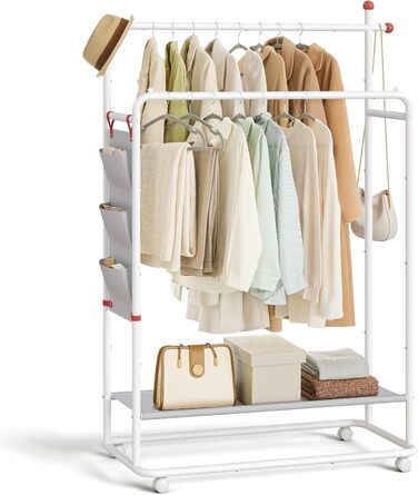 Стойка для одежды SONGMICS HOME на колесах, гардеробна стійка з 2 перекладинами, полиця, бічний органайзер, гачки у формі сірника, стабільна, для спальні, передпокою, HSR171B01 (50T x 189,6H cm, Матовий)