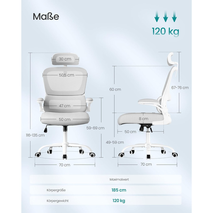 Офісний стіл SONGMICS, ергономічне крісло з сіткою, з адаптивною поперековою підтримкою та регульованою підголівником, для дому та офісу, сірий (OBN041G01)