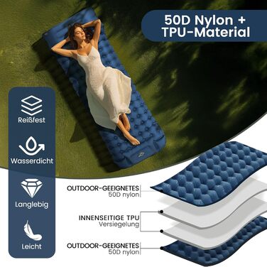 Надувний килимок для кемпінгу Tuocal Isomatte, 9 см, з вбудованим насосом, антиковзаюча поверхня, для відпочинку на природі, подорожей та наметів (блакитний)